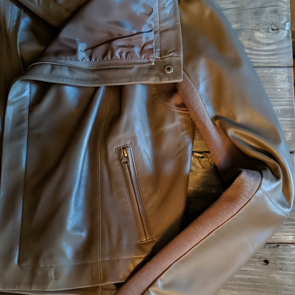 Anthropologie Elevenses Olive Green Leather Jacket - Picture 4 of 7